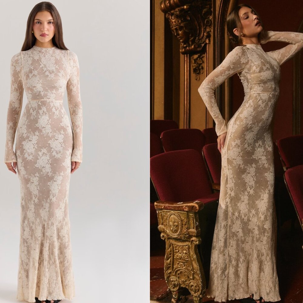 HOUSE OF CB 'Isoline' Peach Lace Maxi Dress NWT